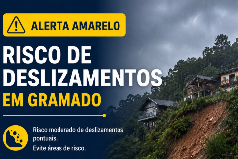 Defesa Civil emite alerta amarelo para risco de deslizamentos em Gramado.