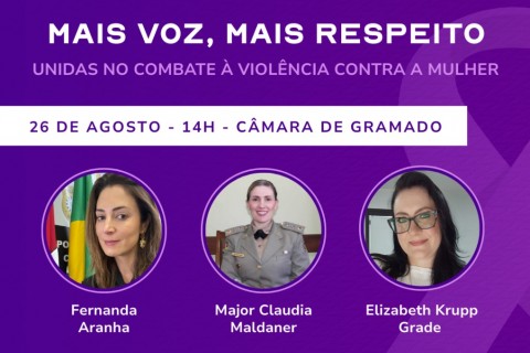 Agosto Lilás: Câmara de Gramado promove painel sobre enfrentamento à violência contra a mulher